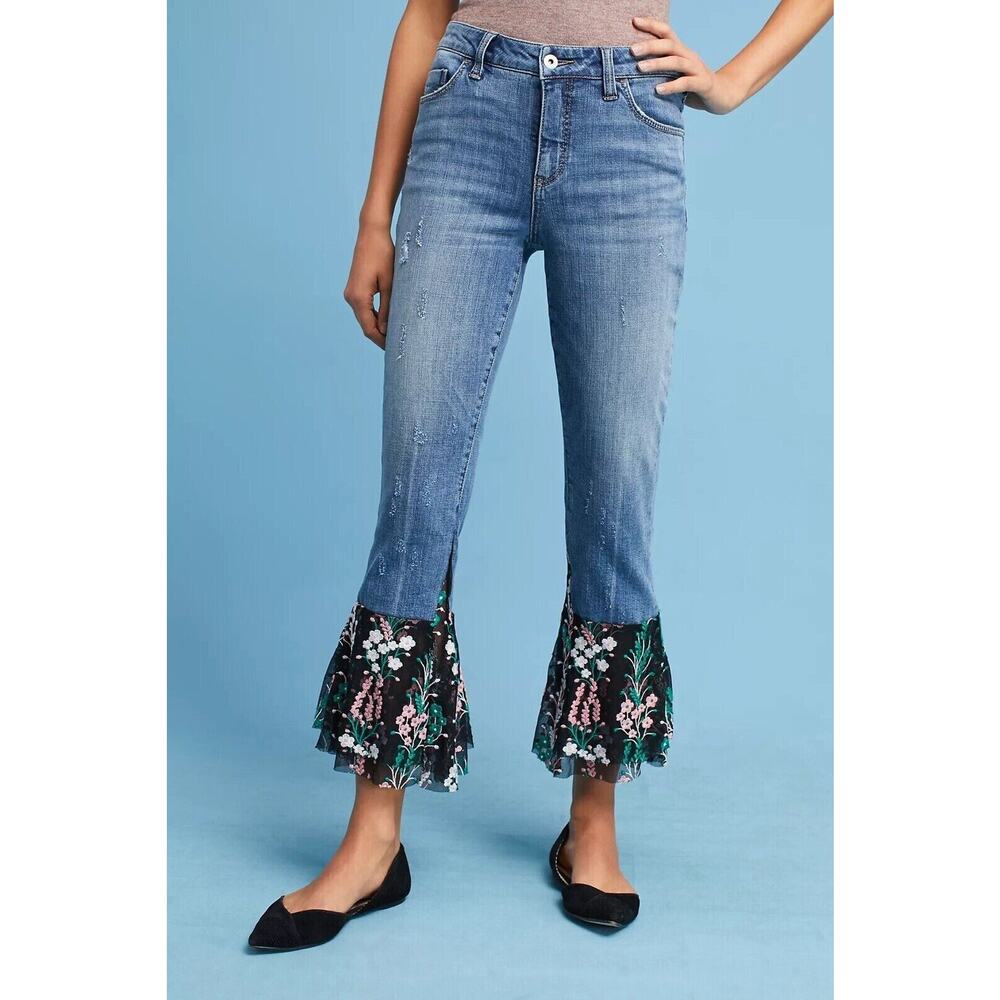 Pilcro the Letterpress 29 Jeans High Rise Boyfriend Slim Embroidered Flare Hem